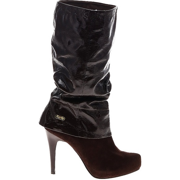 Brown Platform 3.75” heel Mid Calf Slouch Boot.